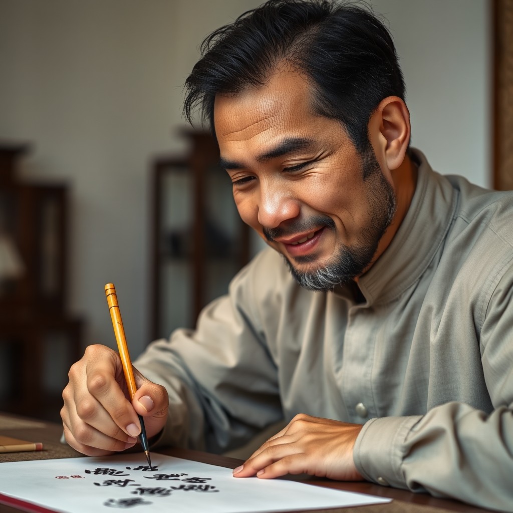 A focused man with a gentle smile, gracefully writing Chinese calligraphy with a traditional Chinese writing brush