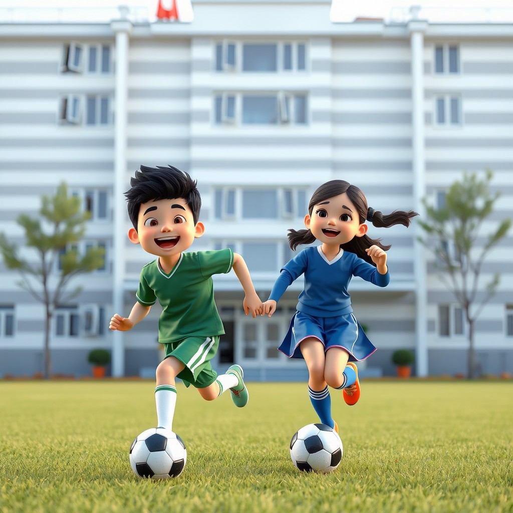 A green-uniformed boy and a blue-uniformed girl joyfully playing football in the back of a five-story school