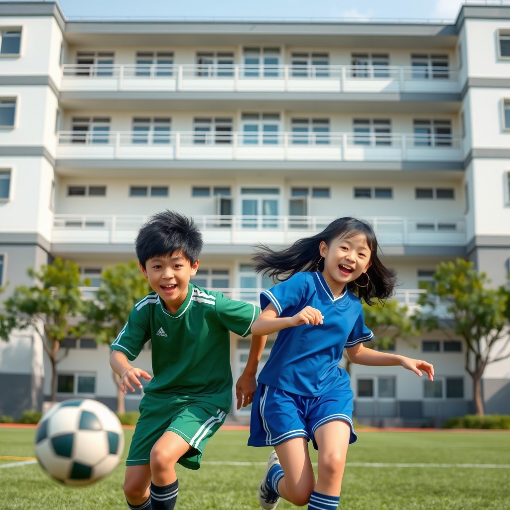 A scene depicting a boy in a green sports uniform and a girl in a blue sports uniform playing football in the background of a five-story school building
