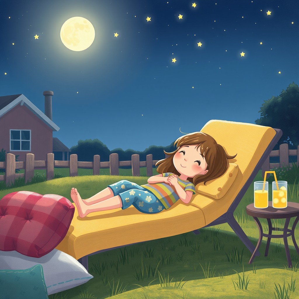On a warm summer night in a rural backyard, a cute little girl is lying on a comfortable lounge chair, enjoying the cool breeze