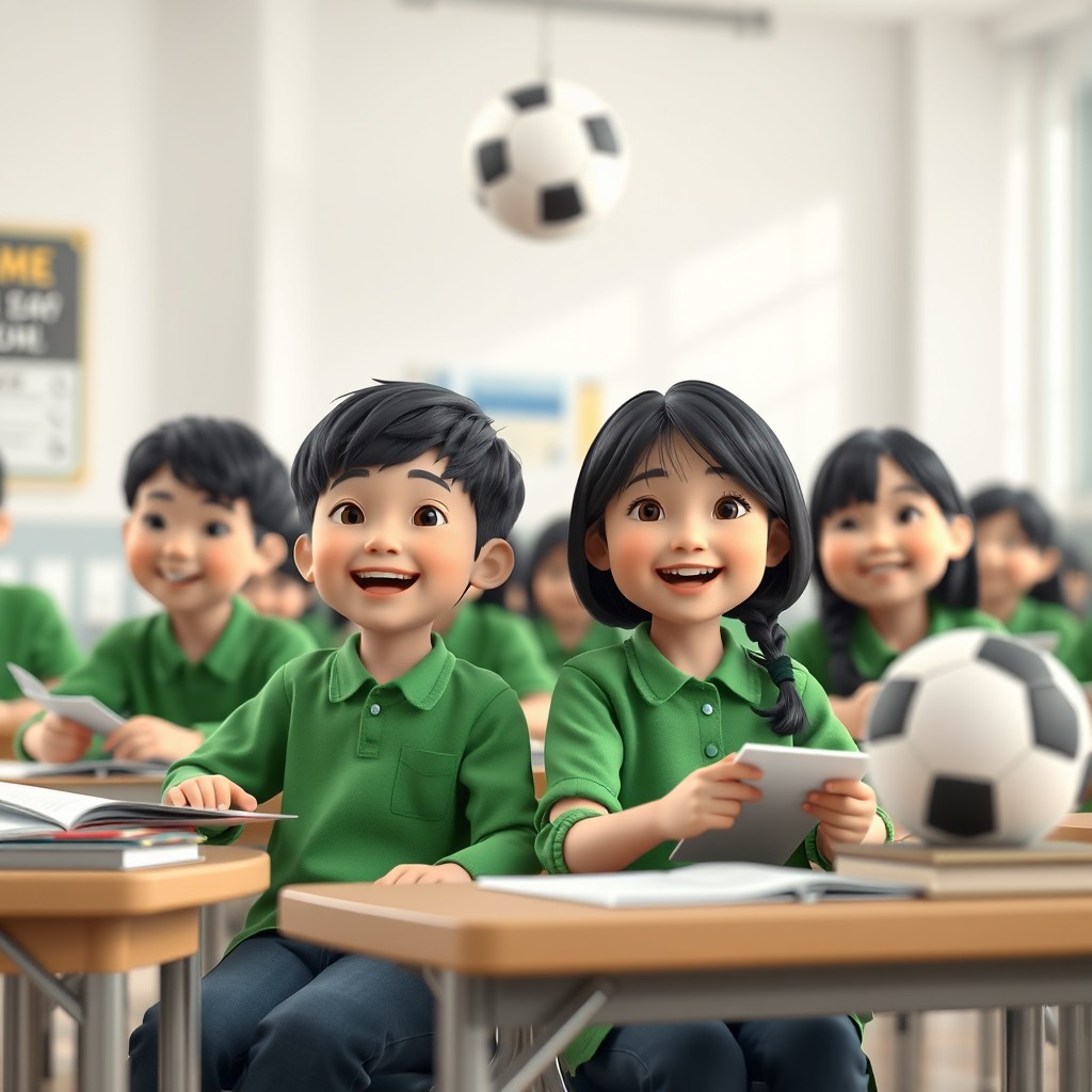 A green-clad boy and girl sitting in a Russian language class with a football in the background, in a white and grey striped school building