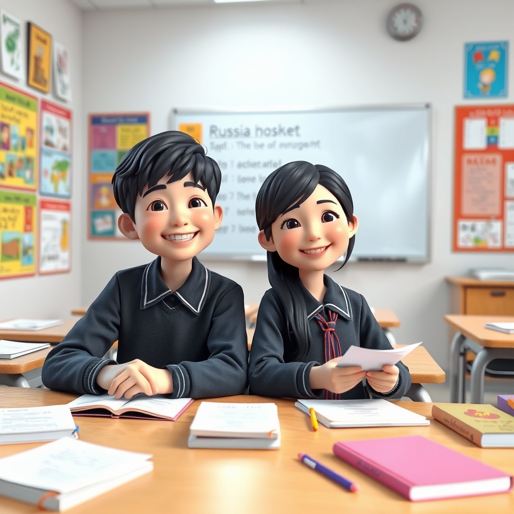 A 3D photo of a boy and a girl sitting in a Russian language classroom
