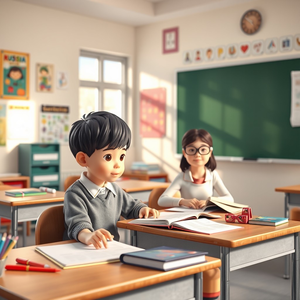 A 3D photo of a classroom setting where a boy and a girl are seated at their desks attending a Russian language lesson