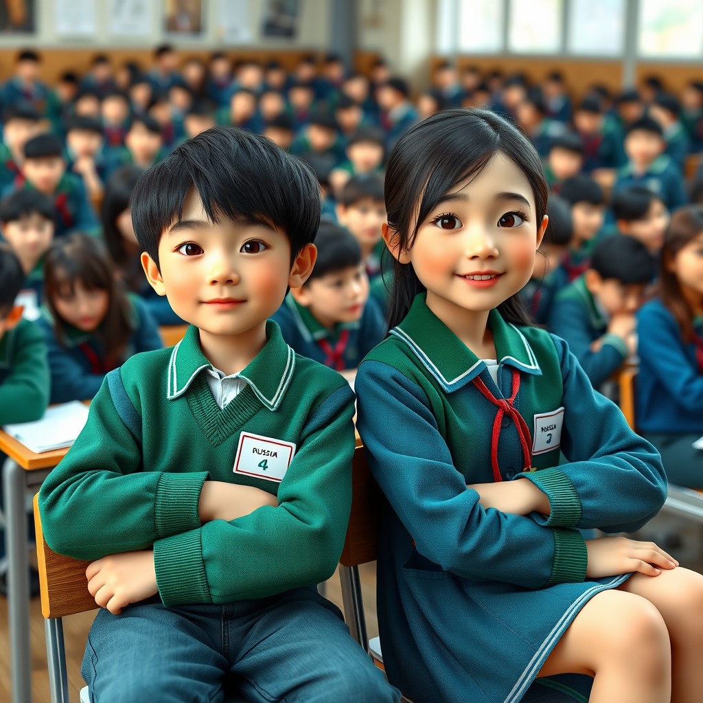 A 3D photo featuring a young boy and girl in green and blue school uniforms sitting in a Russian language class