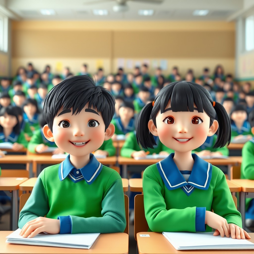 A 3D photo of an Asian boy and girl sitting in a classroom during a lesson