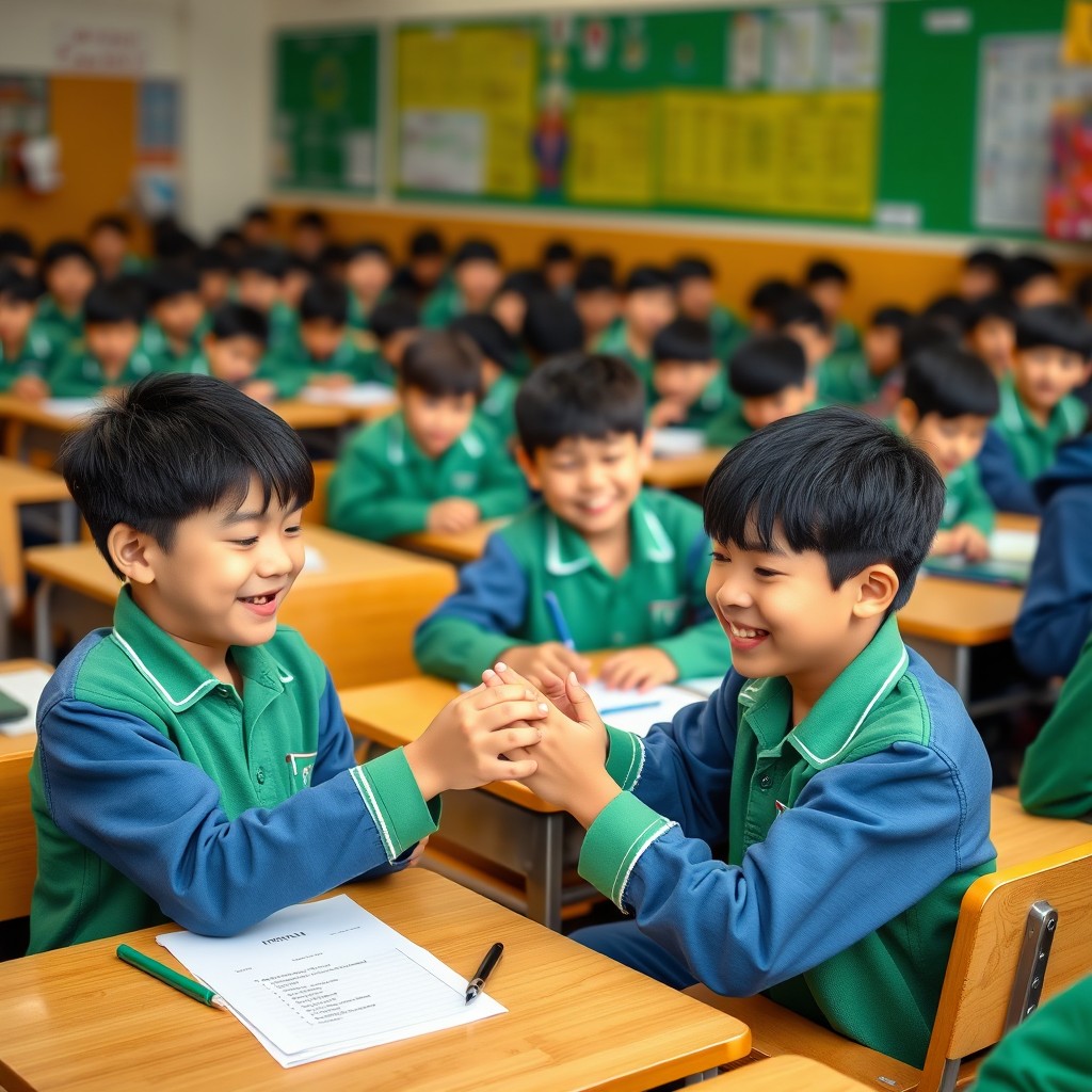 A classroom scene in a school where Asian boys with black hair are sitting in green and blue uniforms, engaged in playing during a lesson