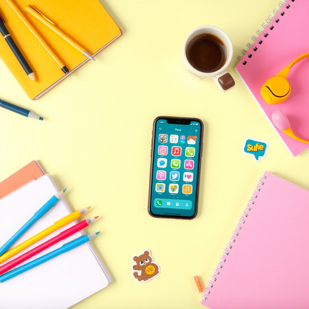 A vibrant and engaging scene that captures youthful energy and creativity, featuring a colorful flat lay arrangement of items such as notebooks, pens, a smartphone with social media apps open, headphones, trendy stickers, and a cozy coffee cup