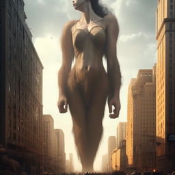 A colossal giantess navigating her way through a sprawling city, her towering figure looming over the buildings dramatically.