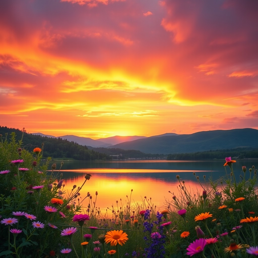 A vibrant and engaging landscape scene featuring a stunning sunset over a calm lake, surrounded by lush greenery and colorful wildflowers in the foreground