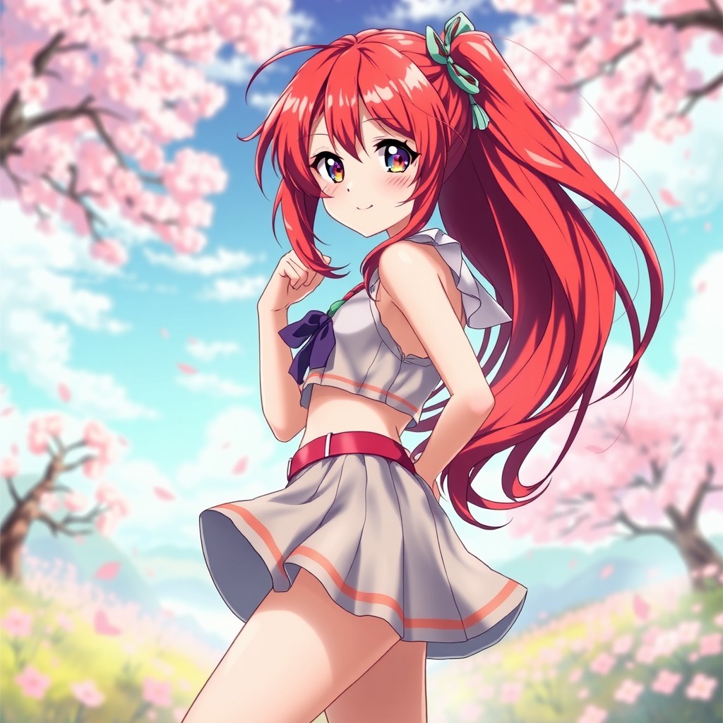 A full body portrait of a vibrant red-haired anime girl, featuring striking, flowing red hair that cascades down her back