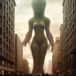 A colossal giantess navigating her way through a sprawling city, her towering figure looming over the buildings dramatically.