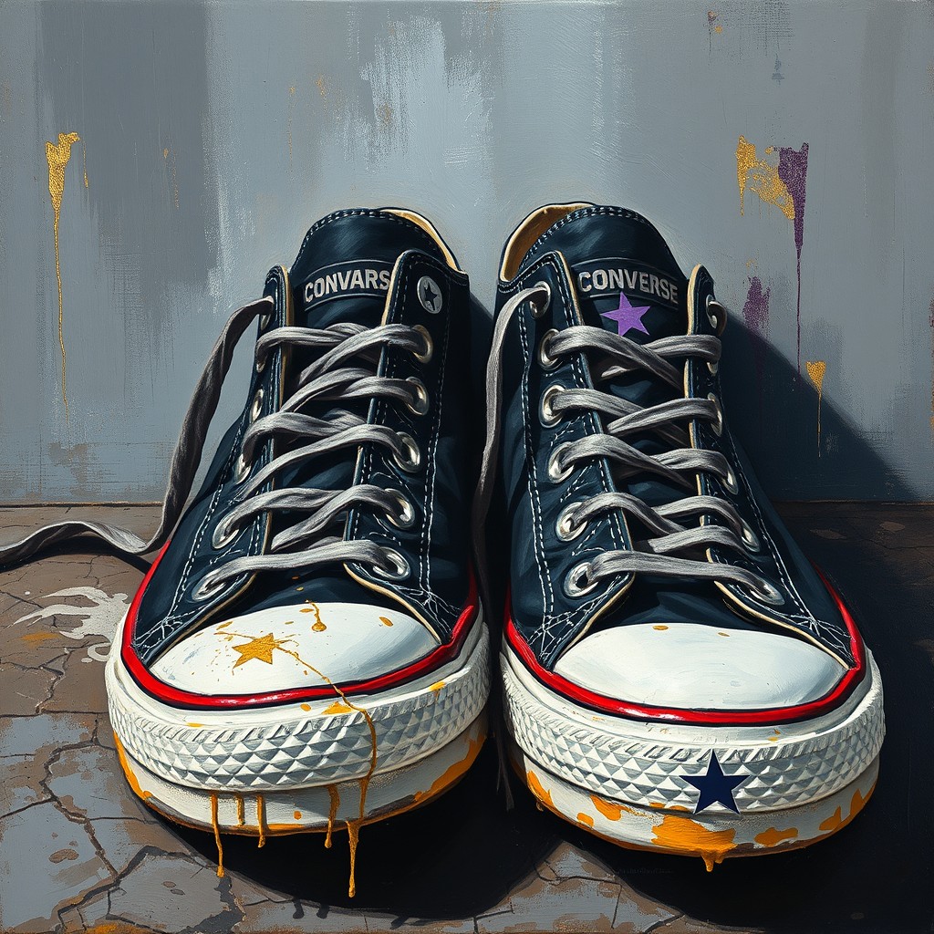 A pair of worn black Converse sneakers in an expressionist acrylic painting style, showcasing visible textures