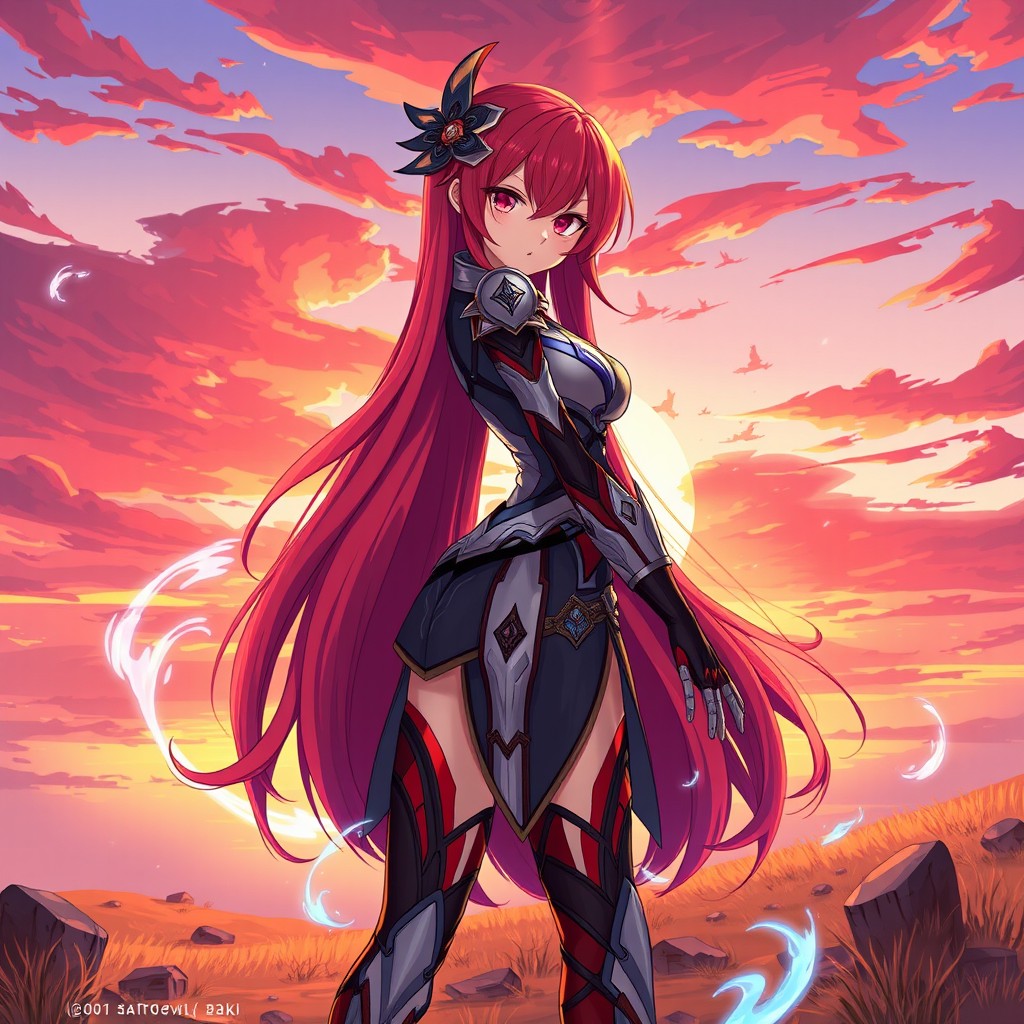 A striking full-body illustration of a red-haired anime girl, featuring vibrant crimson hair cascading down her back