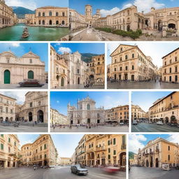 Image of a scenic road trip showcasing major landmarks of Milan, Perugia, Assisi, Naples, Sorrento, Capri, Matera, Rionero in Vulture, Pescara, and Borgo Lanciano.