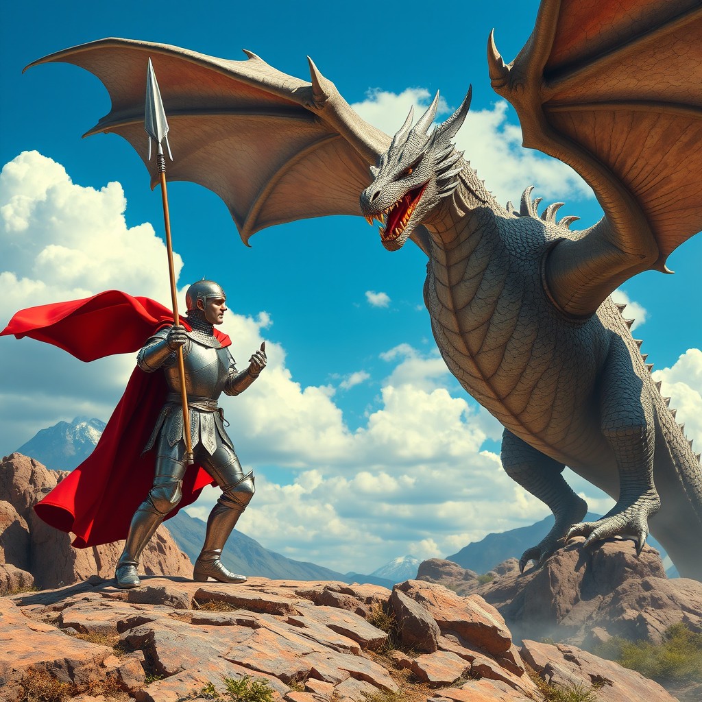 Saint George bravely standing on a rocky terrain, holding a spear while facing a fierce dragon with dramatic scales and fiery breath