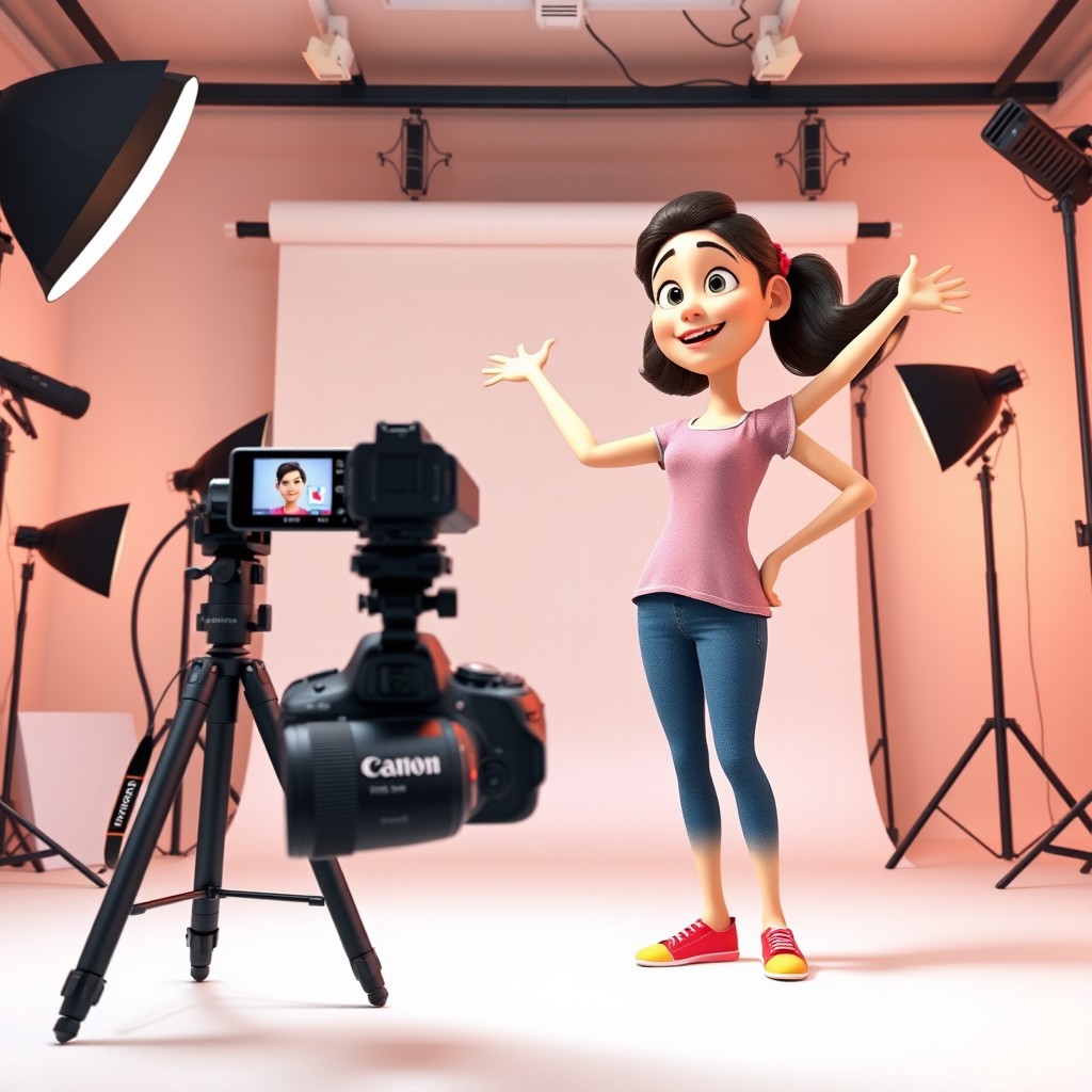 A young woman character in a Pixar/Disney 3D style, striking a fun dynamic pose as she stands next to a giant smartphone displaying a Facebook profile named 'Niro GM'
