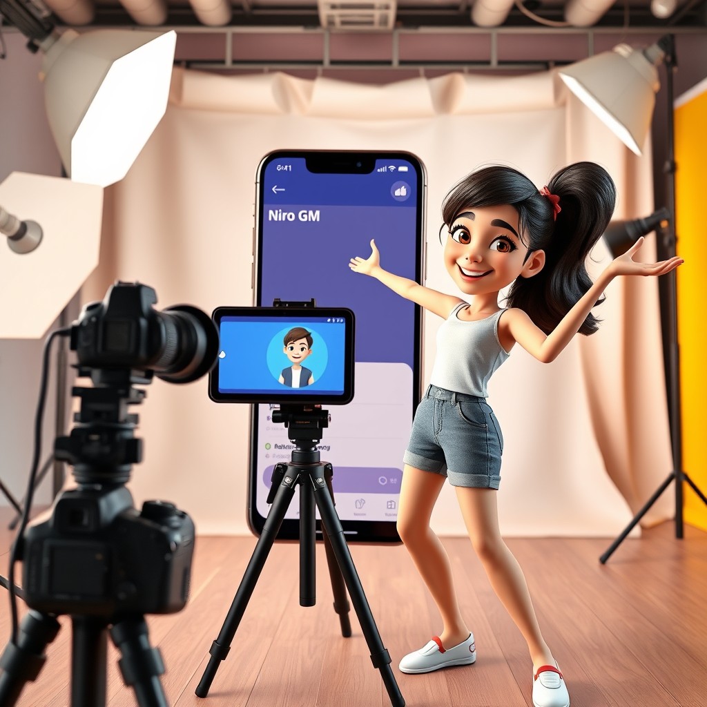 A young woman character designed in a Pixar/Disney 3D style, striking a fun and dynamic pose while standing next to a giant smartphone that displays a Facebook profile named 'Niro GM'