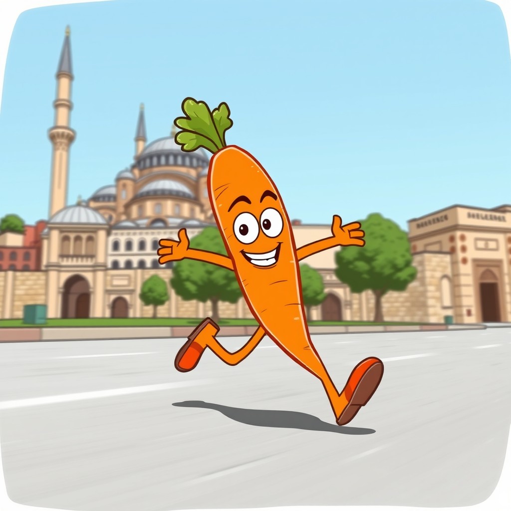 A cartoon-style illustration of a bright orange carrot with eyes and arms humorously running away with a comical expression, evoking a sense of playfulness