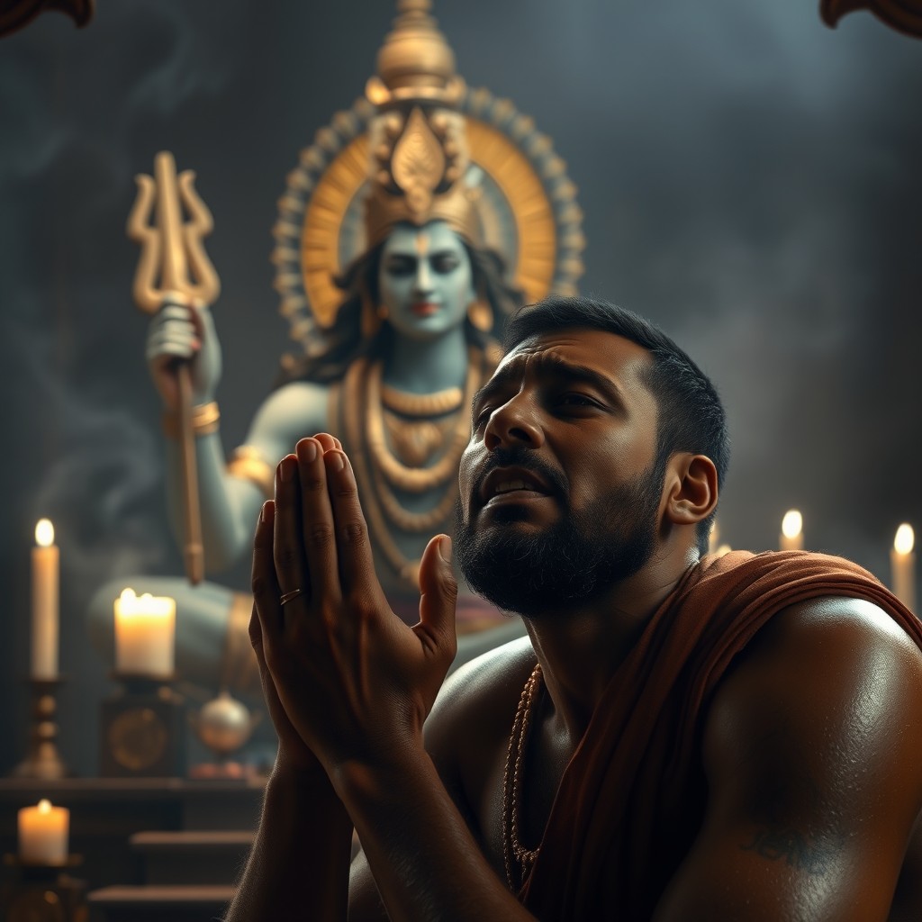 A poignant scene depicting a man in deep emotional distress, praying and crying to Lord Shiva