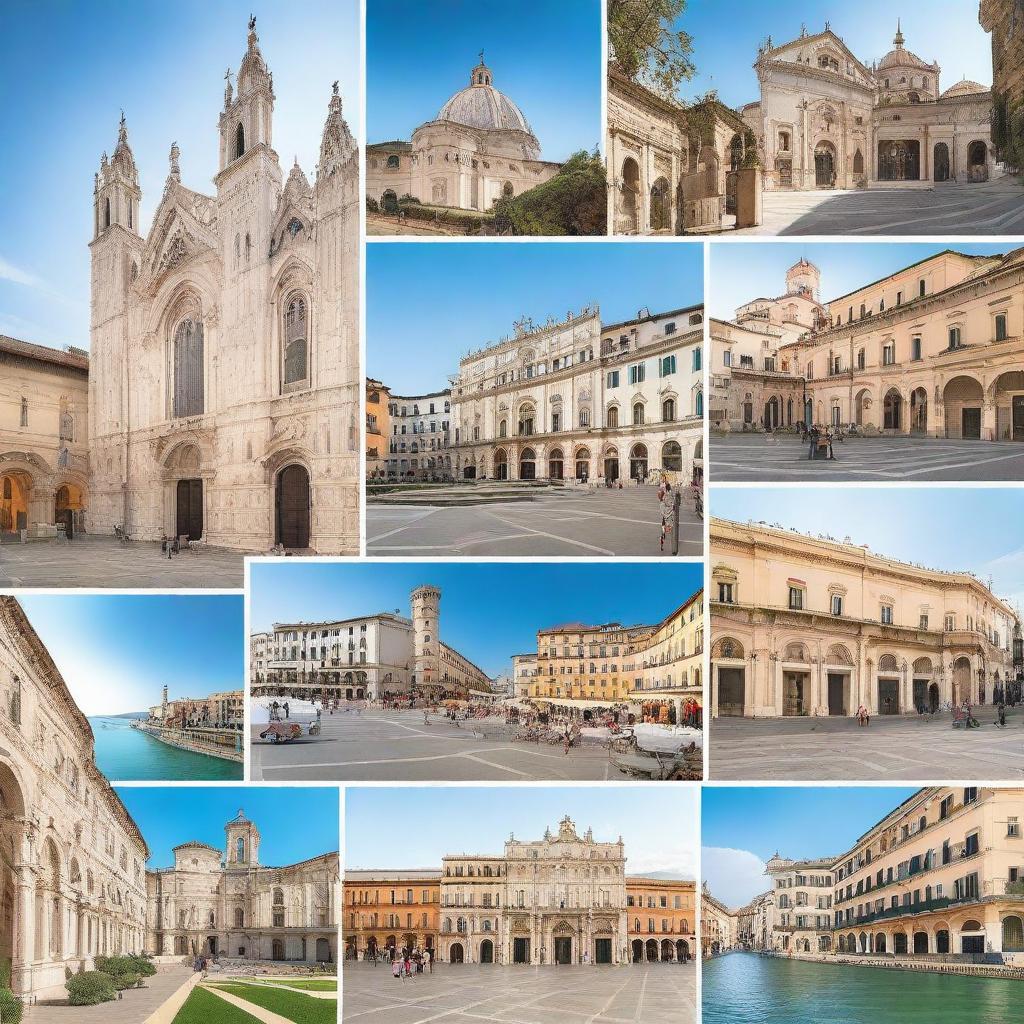 Image of a scenic road trip showcasing major landmarks of Milan, Perugia, Assisi, Naples, Sorrento, Capri, Matera, Rionero in Vulture, Pescara, and Borgo Lanciano.