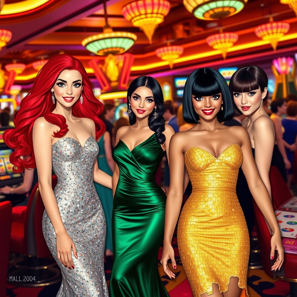 A vibrant casino scene featuring several glamorous girls in elegant evening dresses, each with distinct styles and personalities