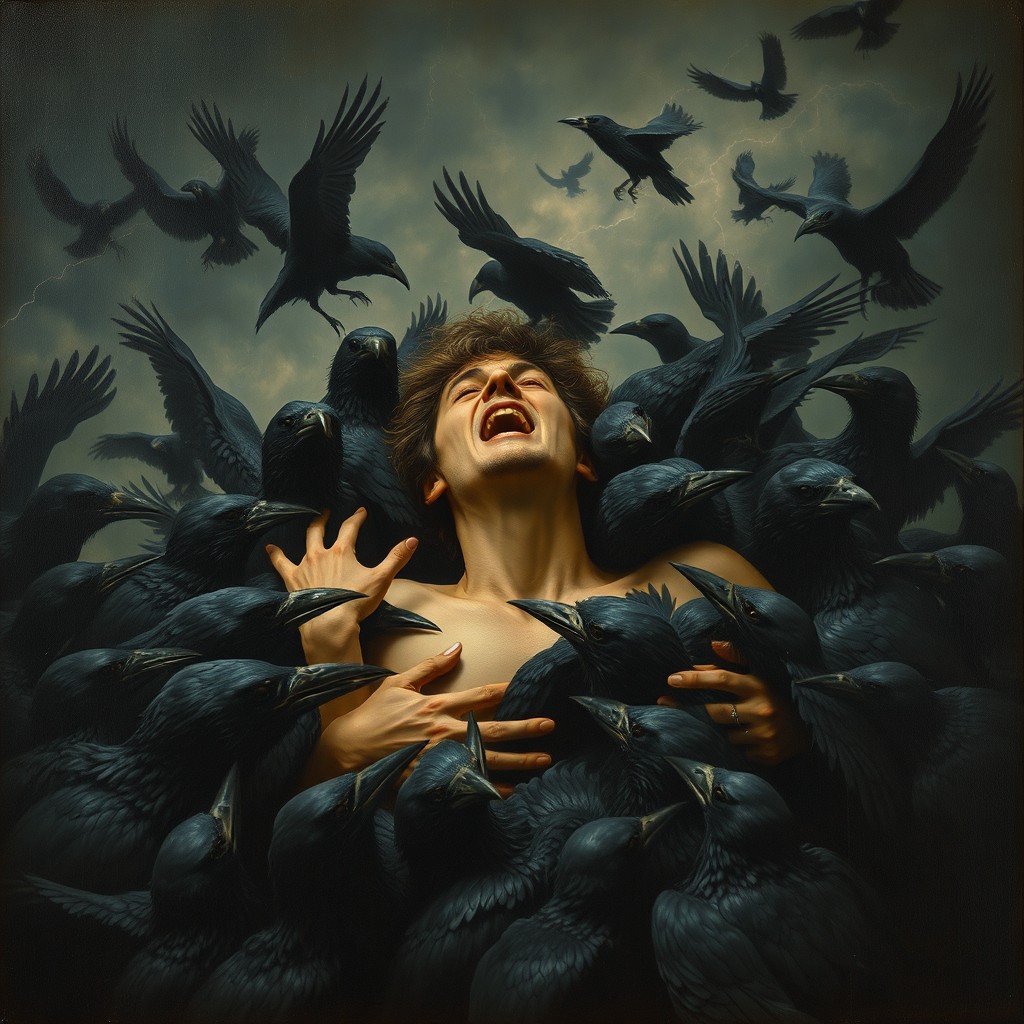 A dramatic scene depicting a man being consumed by crows, set in a dark, moody atmosphere
