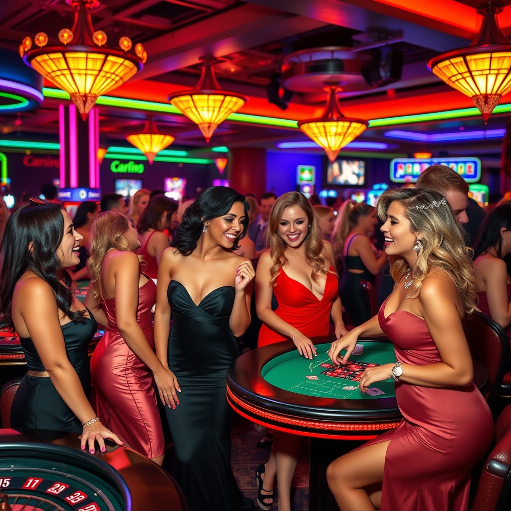 A lively casino scene filled with glamorous casino girls, each in elegant evening dresses, expressing excitement and joy as they play various games