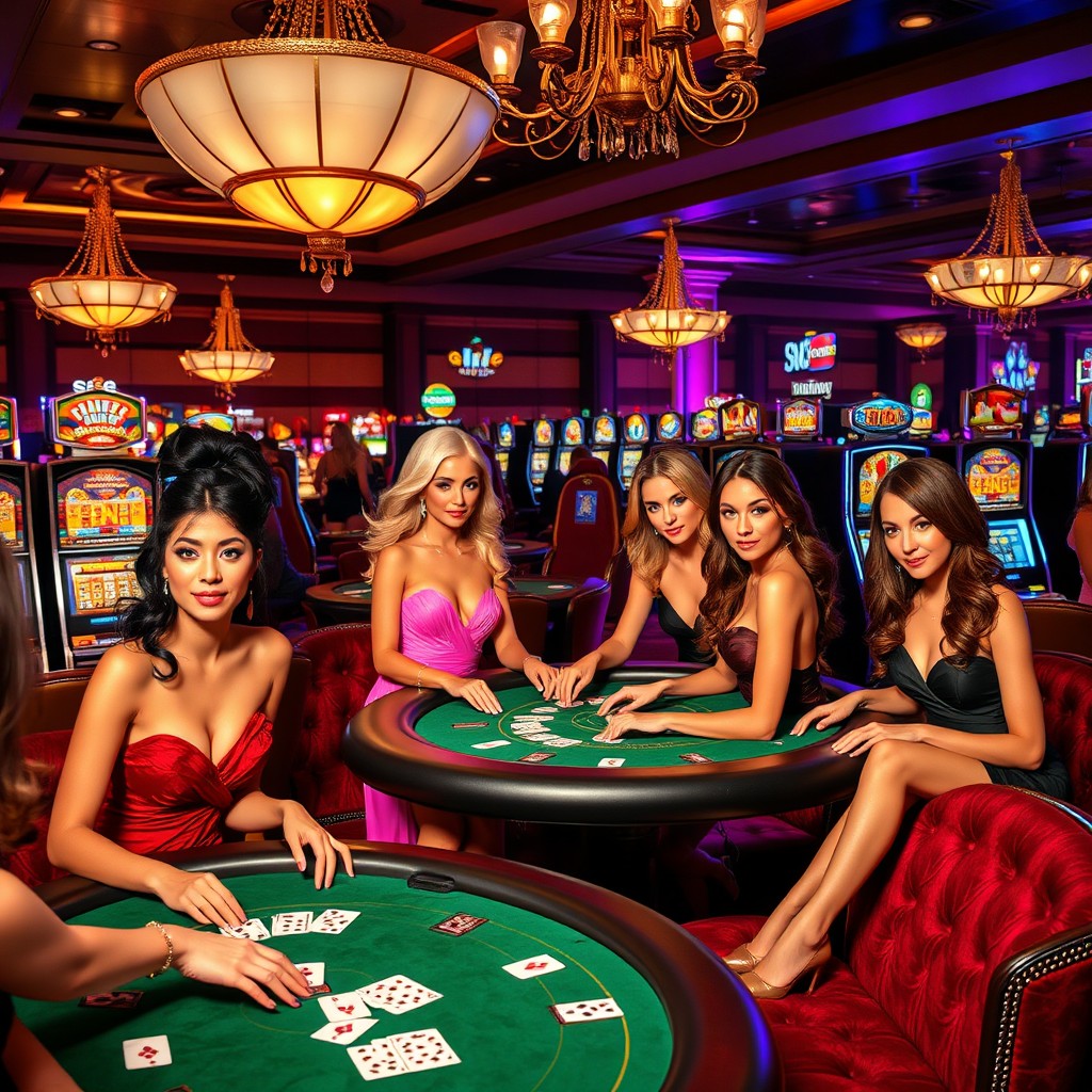 A vibrant and glamorous casino scene featuring beautiful women dressed in stylish cocktail dresses, playing at various card tables