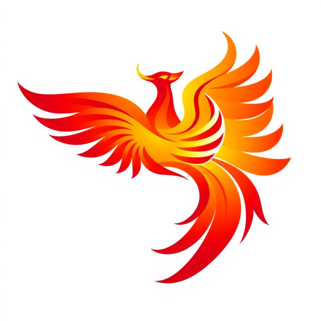 An elegant and modern logo design of a phoenix bird, featuring vibrant hues of red, orange, and gold to represent fire and rebirth