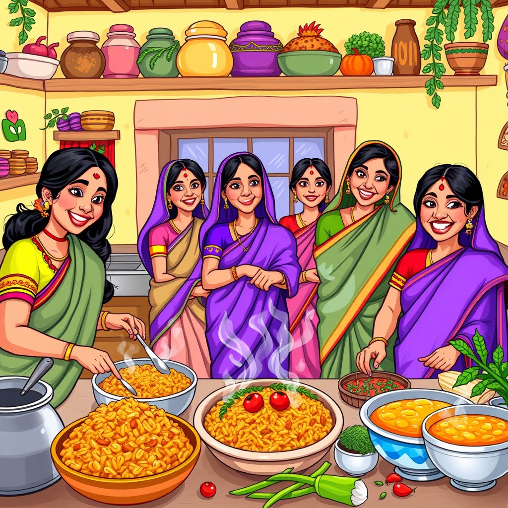 A vibrant and colorful cartoon depicting Indian women cooking in a traditional kitchen