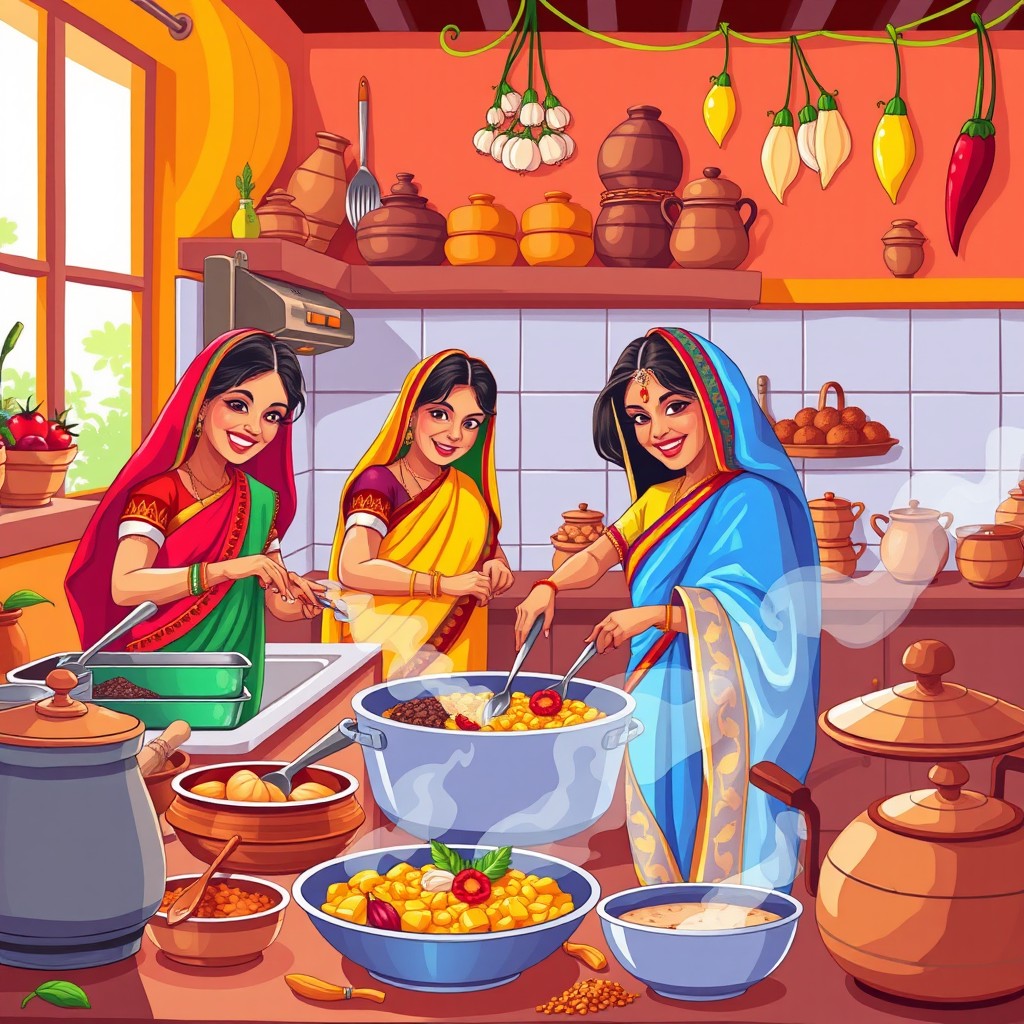 A vibrant and lively cartoon scene depicting Indian women cooking in a traditional kitchen