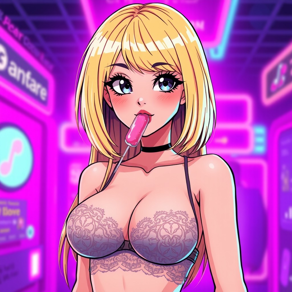 A cartoon-style beautiful animated girl with long waist-length blonde hair and a fashionable bob haircut