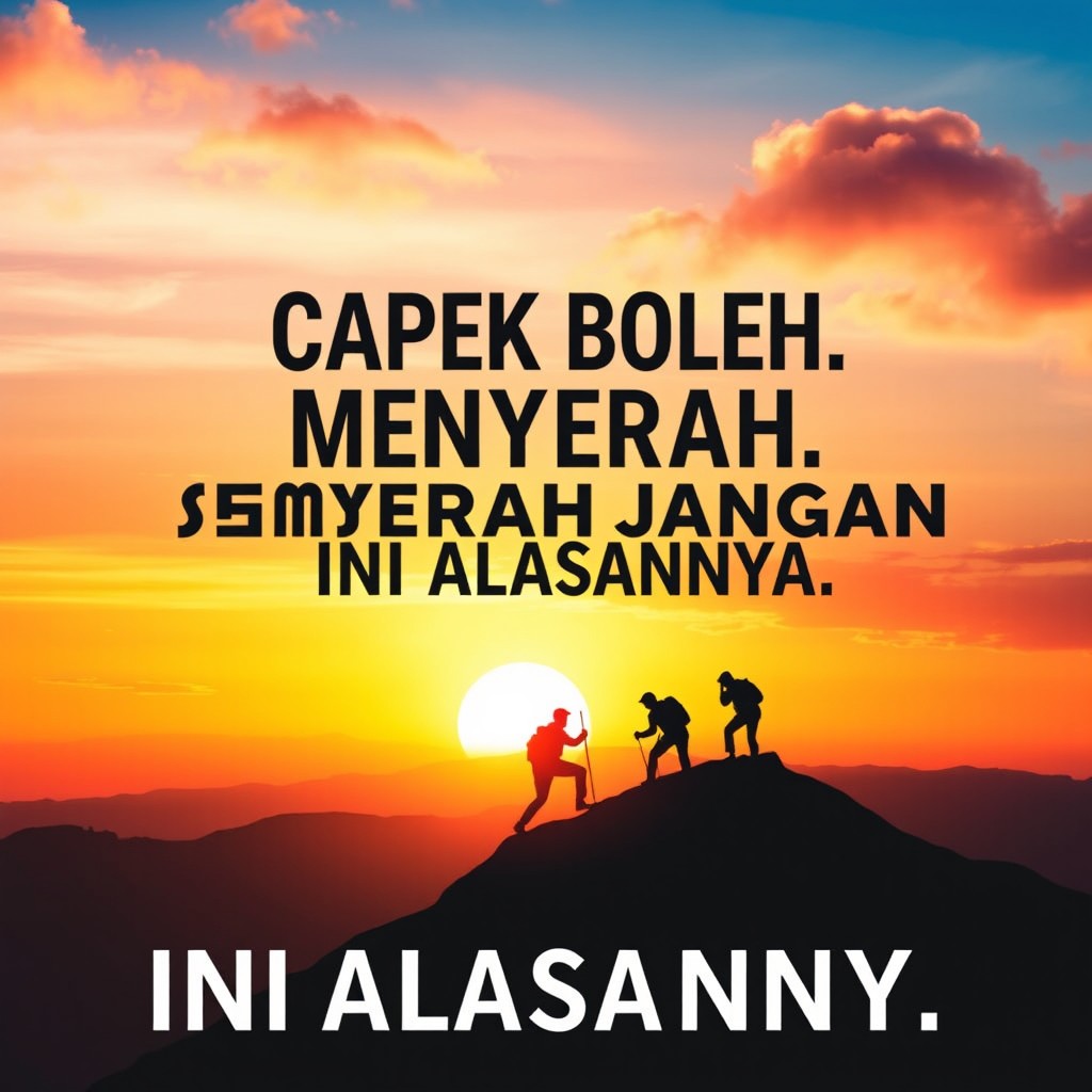 A motivational poster featuring an inspiring quote in bold typography: "Capek Boleh, Menyerah Jangan