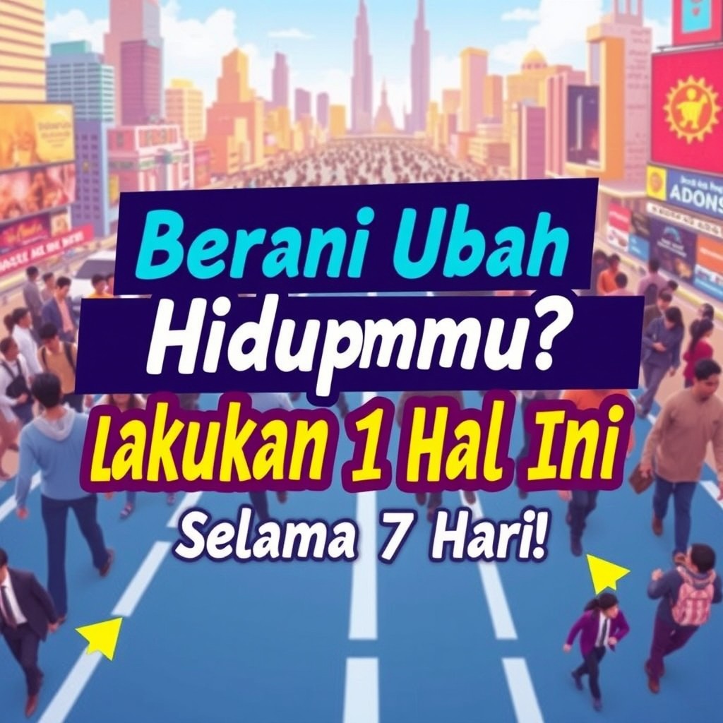 A dynamic and engaging motivational graphic featuring the text: "Berani Ubah Hidupmu? Lakukan 1 Hal Ini Selama 7 Hari!" The design includes a colorful background of a bustling cityscape with people confidently moving forward, symbolizing change and growth
