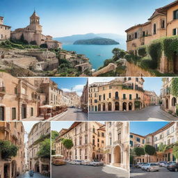 Image of a scenic road trip showcasing major landmarks of Milan, Perugia, Assisi, Naples, Sorrento, Capri, Matera, Rionero in Vulture, Pescara, and Borgo Lanciano.