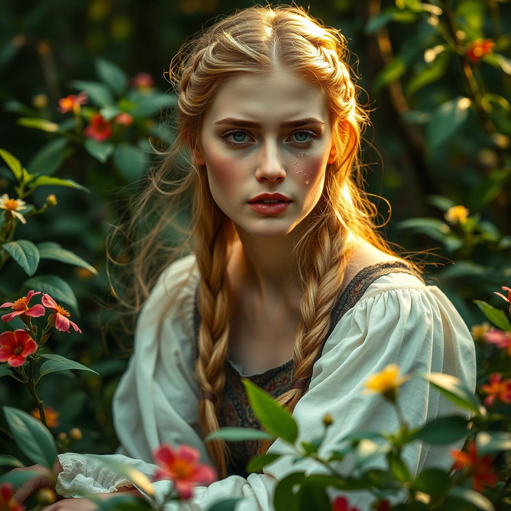 A dramatic scene featuring a beautiful young woman with long golden hair, styled in a traditional braid, sitting in a lush green forest