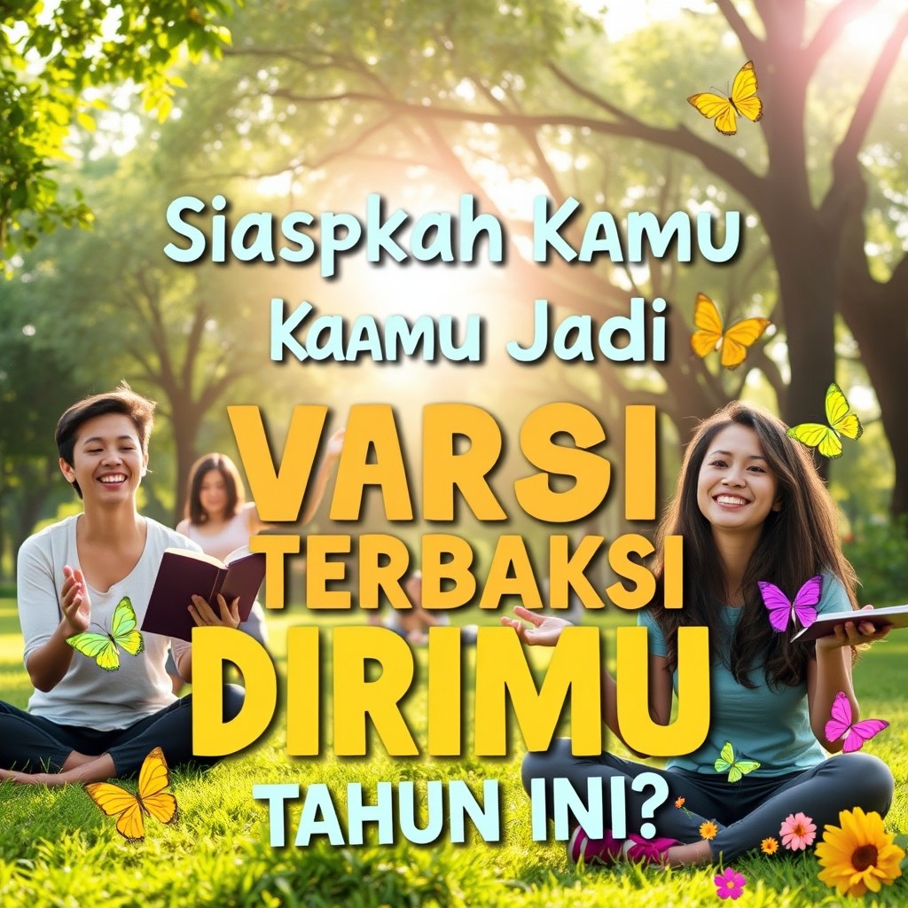 An inspiring and vibrant image featuring the phrase: "Siapkah Kamu Jadi Versi Terbaik Dirimu Tahun Ini?" The background showcases a bright and energetic scene of people engaged in various self-improvement activities such as exercising, reading, and meditating in a lush park setting