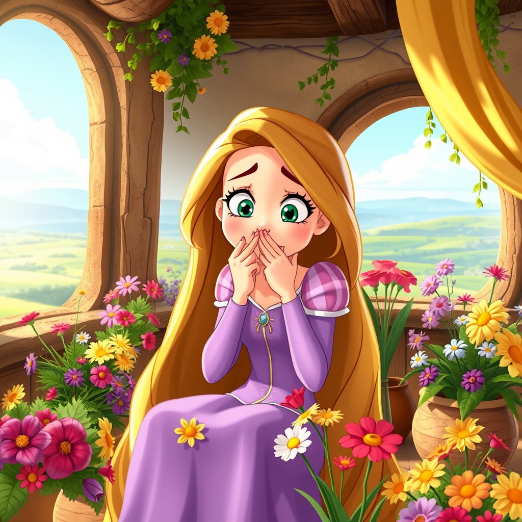 A whimsical animation scene featuring Rapunzel experiencing a comical allergic reaction, surrounded by colorful flowers that are causing her allergy