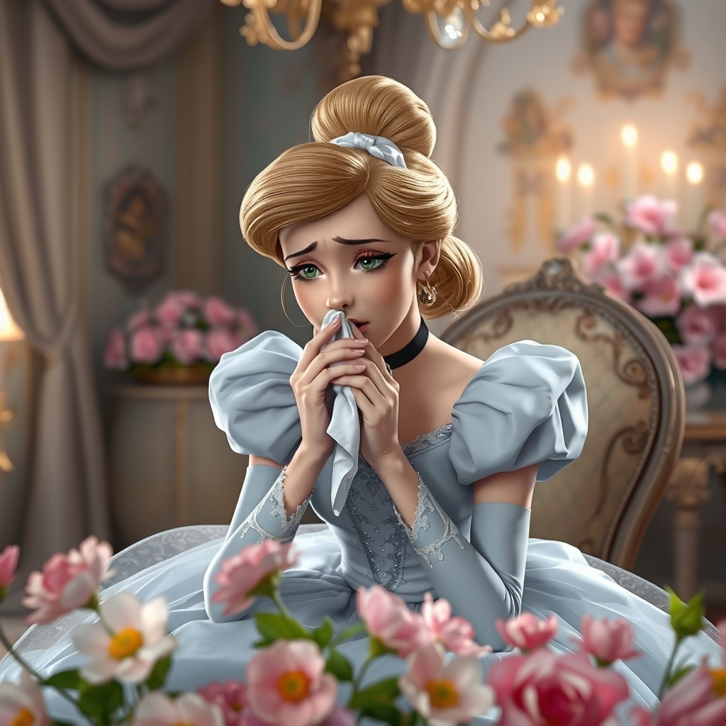 Cinderella sitting in a beautifully decorated room with elegant attire, looking distressed as she tries to manage her allergies