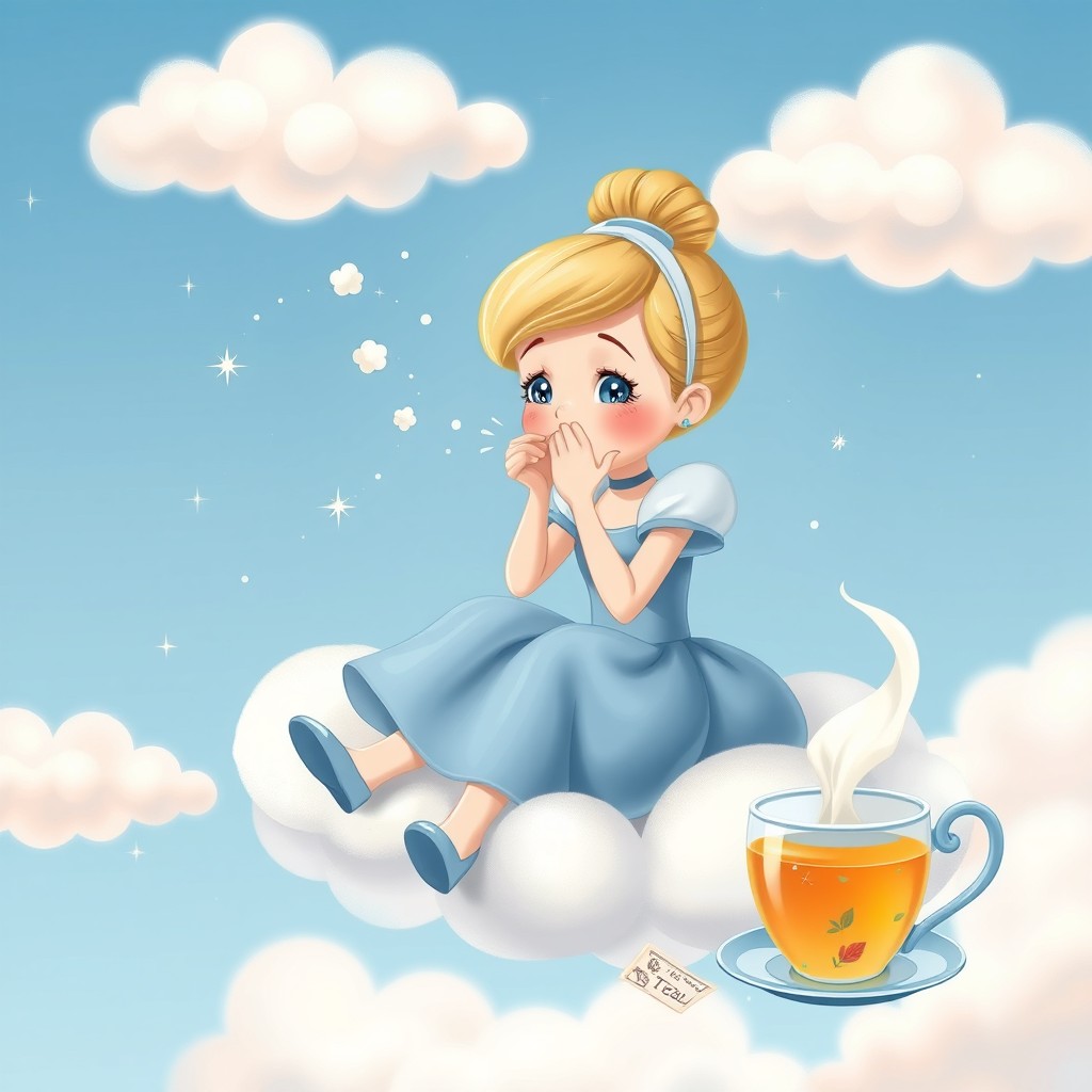A whimsical scene featuring Cinderella, sitting on a fluffy white cloud in the sky, with a cute expression as she sneezes due to a cold and allergies