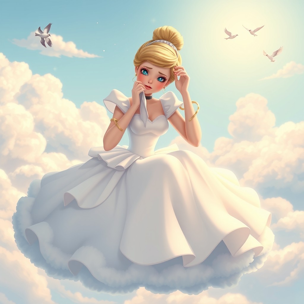 A magical scene depicting a realistic version of Cinderella, sitting on a fluffy cloud in the sky, looking a bit uncomfortable due to a cold and allergies