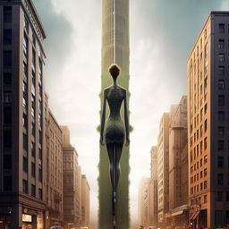 An extraordinarily tall giantess standing amidst a bustling city, her figure so tall that it pierces the sky while buildings seem tiny in comparison.