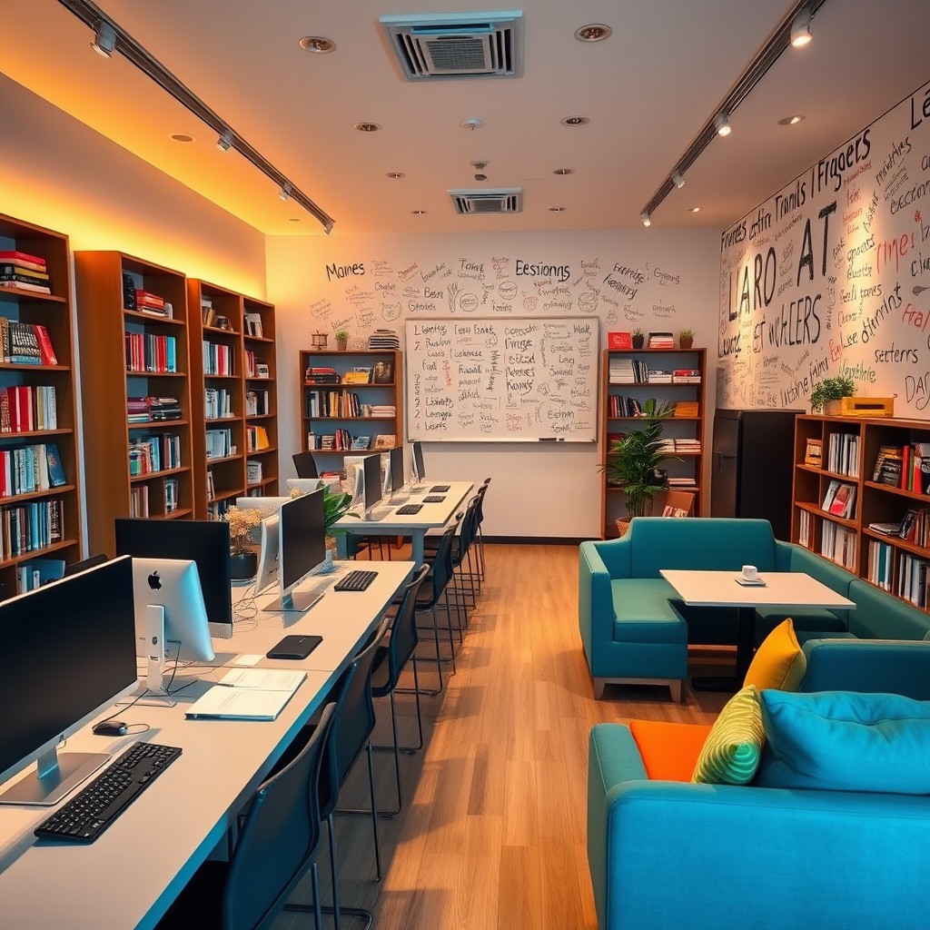 A modern and inviting translation studio interior, featuring stylish desks with computers, bookshelves filled with dictionaries and language books, and soundproofing panels on the walls