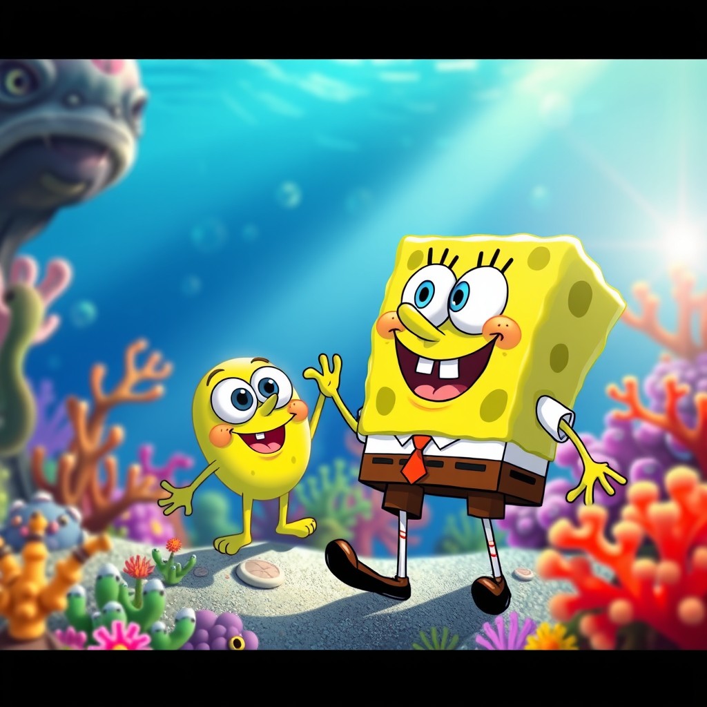 A whimsical scene combining SpongeBob SquarePants and a plankton character
