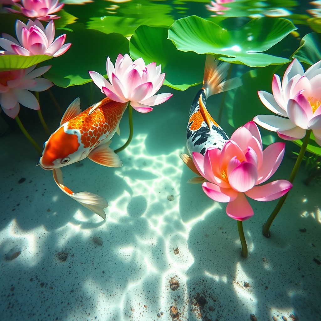 A serene and beautiful underwater scene featuring a vibrant koi fish swimming gracefully among blooming lotus flowers