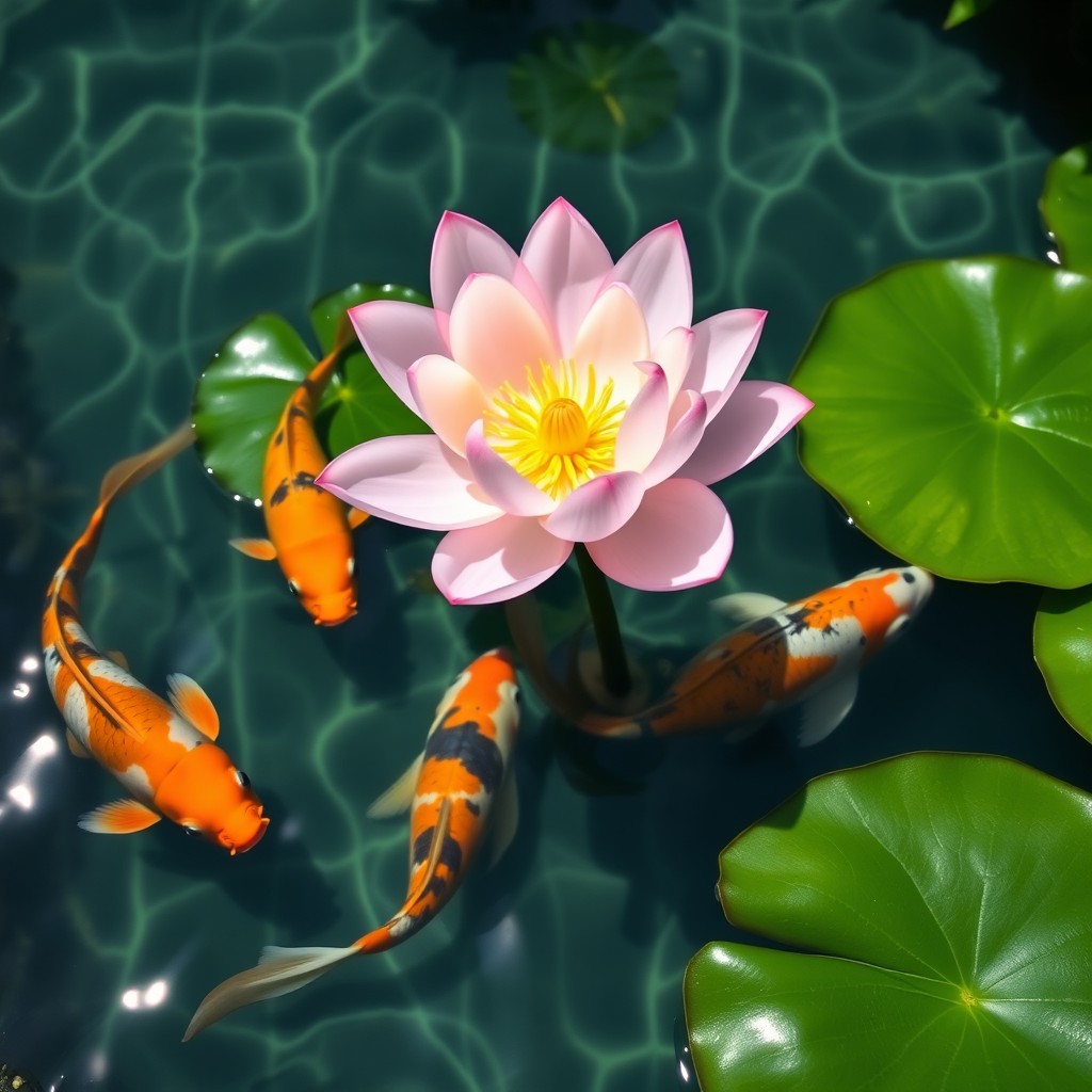 A serene scene featuring a beautifully blooming lotus flower above crystal clear water, with vibrant koi fish swimming gracefully around it