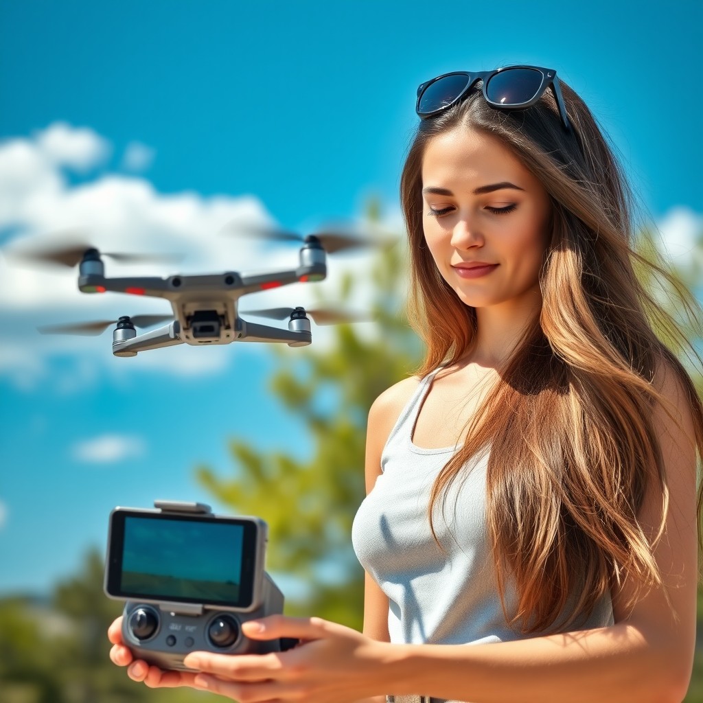 A beautiful young woman managing an FPV drone using the TX16 remote control
