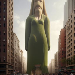 An extraordinarily tall giantess standing amidst a bustling city, her figure so tall that it pierces the sky while buildings seem tiny in comparison.