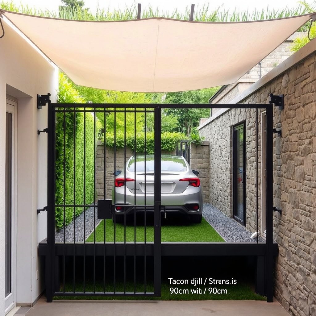 An exterior scene featuring a terrace with a grassy area elevated 50cm above the interior level