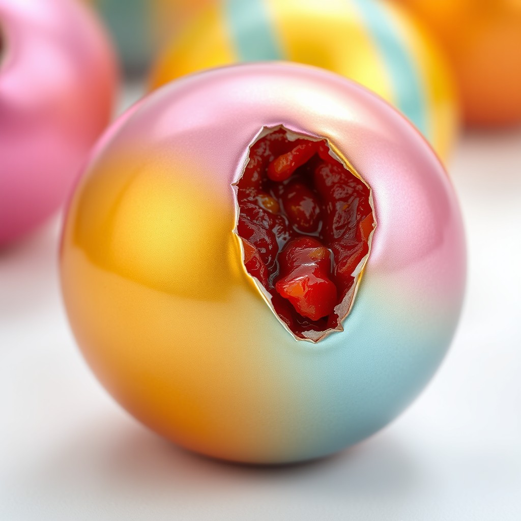 A glossy spherical dragée featuring a colorful candy shell with a small broken corner, revealing a sticky, vibrant fruit leather inside